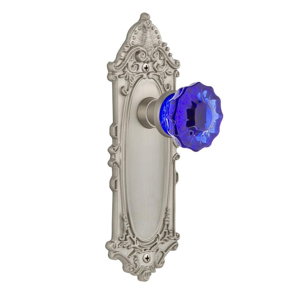 Nostalgic Warehouse VICCRC Colored Crystal Victorian Plate Passage Crystal Cobalt Glass Door Knob in Satin Nickel
